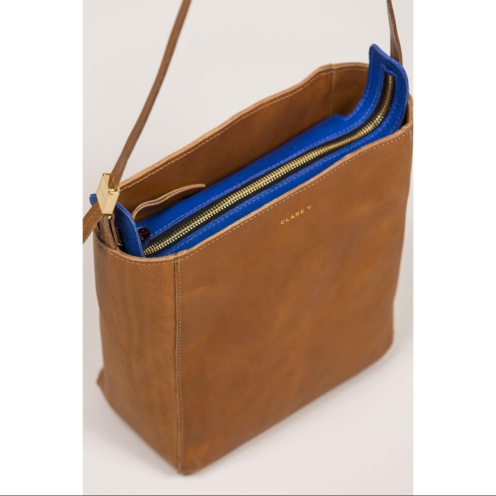 Clare V bucket bag brown with blue interior